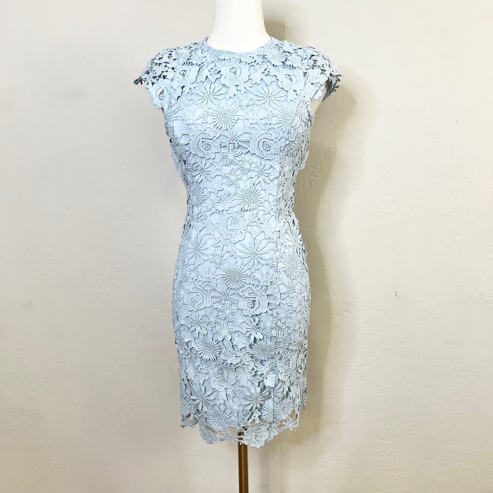 Lulus Dress Guipure Lace Bodycon Backless Size XS Light Blue Floral Crochet Mini